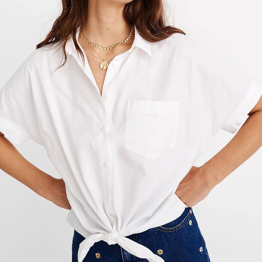 Madewell oversized short sleeve tie front button up white top size Medium